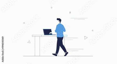Man walking with laptop on desk, minimalist illustration, modern office concept