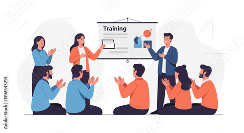 Business training session with clapping audience and presenters at whiteboard