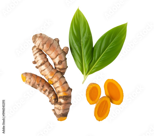 turmeric root, slices, and leaves on white background