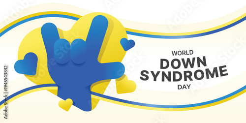 World down syndrome day - Blue love you hand in yellow heart shape and blue yellow long ribbon waving around vector design