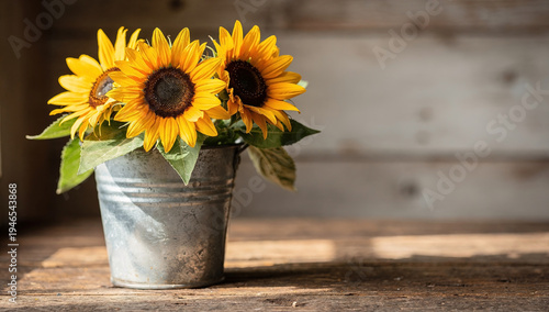 Sunflowers in a metal bucket placed indoors on the wooden table near a rustic background