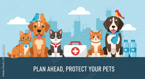 Cute pets and animals with first aid kit city background plan ahead protect your pets