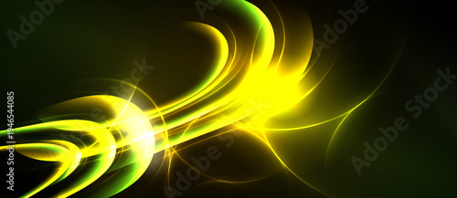 Bright yellow, green energy flows across black background. Swirling lines create dynamic, radiant visual effect. Light bursts emanate from central point.
