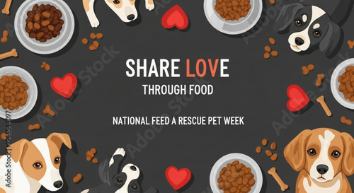 Dogs surround dog food bowls with hearts and bones on dark background for national feed a rescue pet week