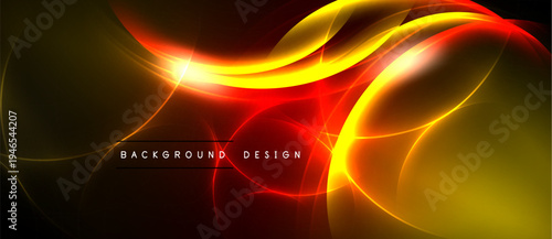 Abstract waves, vibrant colors, dynamic light effects. Red, orange, yellow hues blend seamlessly against dark backdrop. Modern design element.