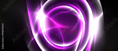 Abstract glowing shapes, purple hues dominate. Bright light radiates from center, creating dynamic visual effect. Dark background enhances luminosity.