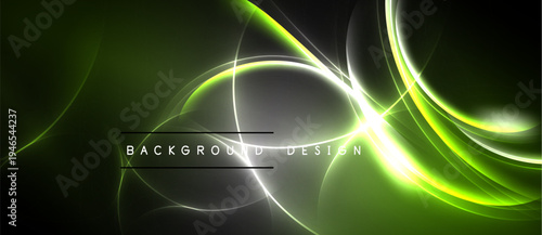 Abstract design features glowing green curves, lines over dark background. Text reads background design. Modern, dynamic visual presentation.