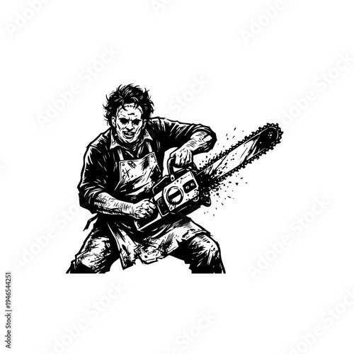 Dramatic Black and White Illustration of Lumberjack Cutting Wood with Chainsaw, Splinters Flying