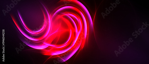 Abstract swirls, vibrant pinks, reds dominate black background. Dynamic energy radiates from central focal point. Smooth gradients create depth.