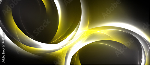 Abstract design features flowing golden, white shapes against dark background. Dynamic curves create modern visual impact.