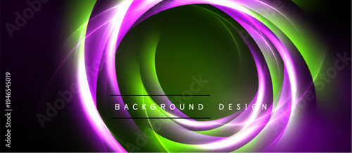 Abstract design features vibrant purple, green circles. Dynamic light effects create modern background. Text reads background design.