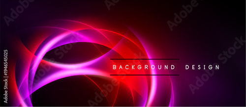 Dynamic abstract background. Vivid neon curves blend into dark red, purple gradients. Modern design element for digital projects.
