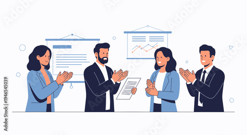 Business team applauding success, presenting document, and celebrating achievement in office