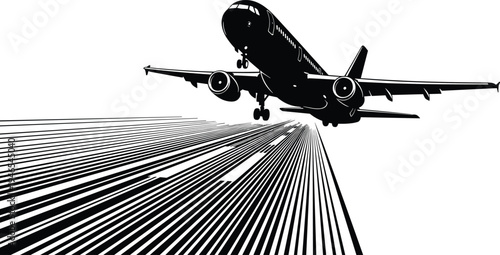 Airplane landing silhouette vector illustration, commercial passenger jet approaching runway perspective, aviation transport travel concept isolated black aircraft graphic