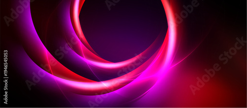 Abstract design features vibrant pink, purple, red curves against dark background. Smooth lines create dynamic, flowing composition.