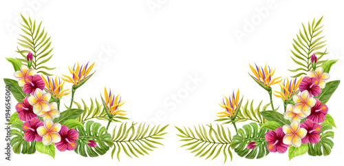 Tropical frame. Hand drawn watercolor painting with Hibiscus flowers and palm leaves. Tropics summer border composition.  Floral  ornament.