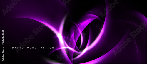 Abstract purple swirls, dynamic lines create flowing shapes. Dark background emphasizes bright neon glow, modern design element.