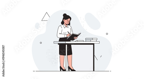 Businesswoman writing in notebook at desk with books, modern flat illustration