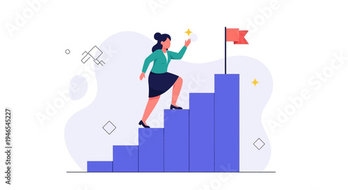 Businesswoman climbing stairs to reach flag on top, symbolizing success and career growth