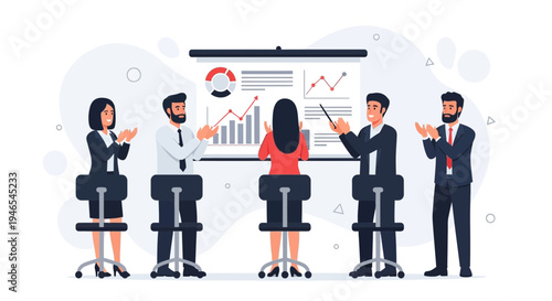 Business meeting with presentation, team applauding success in office