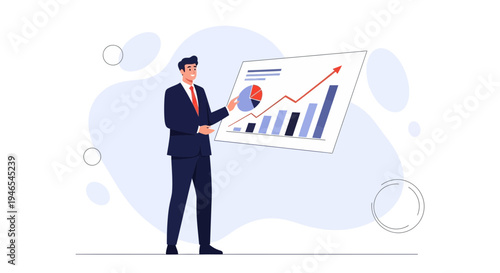 Businessman presenting financial growth chart with rising arrow and pie chart