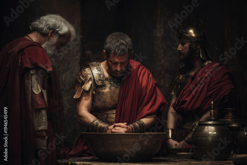 Pontius Pilate washing his hands before Roman soldiers during trial of Jesus Christ symbolizing refusal of responsibility