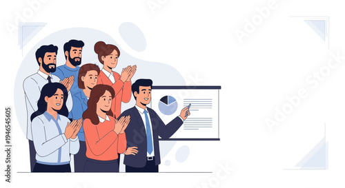 Business team applauding successful presentation with charts on screen