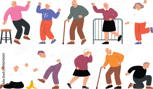 Elderly People Falling Vector Set with Senior Accident and Fall Prevention Situations Isolated Flat Illustration Collection