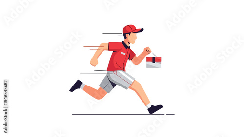 Un ilustrador vectorial de un chico de reparto sonriente en una calle de la ciudad en España, diseñado en estilo plano y moderno, listo para uso comercial.