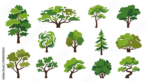Collection of stylized trees in green hues