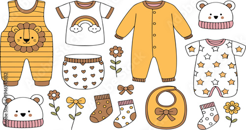 Cute Baby Clothes Collection with Bodysuits, Romper, Bib, Hat, Socks and Toddler Outfits Adorable Newborn Clothing Set Vector Illustration