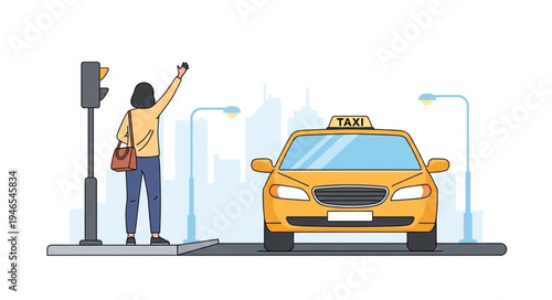 Woman Hailing Yellow Taxi Cab.