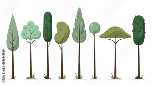 Diverse stylized tree collection in flat design