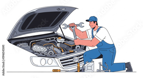 Mechanic working on car engine.