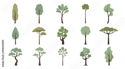 A comprehensive collection of diverse tree illustrations in a modern flat design style, showcasing various shapes and sizes perfect for nature-themed projects and digital graphic elements
