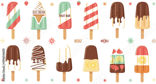 Retro popsicle ice cream collection with chocolate coated bars fruit popsicles vintage summer dessert menu sweet frozen treat illustration set