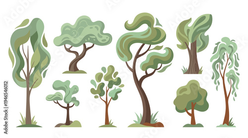Various stylized trees in a row