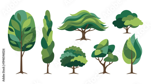 Vibrant collection of stylized green tree illustrations, depicting various natural forms and foliage, perfect for ecological projects, nature-themed designs, and environmental concepts