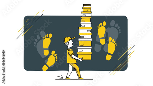 Un ilustrador vectorial de un chico de reparto sonriente con un paquete en mano, listo para entregar en un entorno urbano de España, con un diseño plano y moderno.