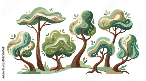 Whimsical forest illustration featuring a vibrant collection of diverse trees with flowing, organic shapes and various shades of green, perfect for nature-themed designs and eco-friendly projects