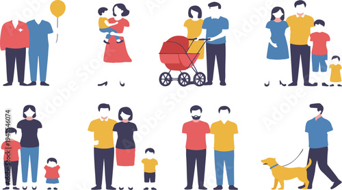 Happy Family Characters Vector Set with Parents, Children and Couples Walking, Playing and Parenting Isolated Flat Illustration Collection