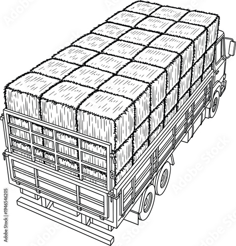 Detailed Black and White Illustration of Hay Bales Loaded on a Truck Bed.
