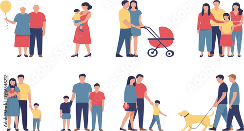 Happy Family Characters Vector Set with Parents, Children and Couples Walking, Playing and Parenting Isolated Flat Illustration Collection
