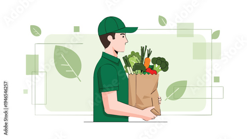A vibrant vector illustration of a delivery boy in a flat design style, conveying a sense of modernity and efficiency, perfect for commercial use.