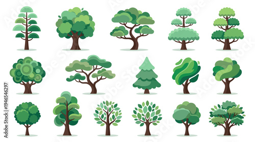 Stylized Vector Collection of Diverse Green Trees and Plants, perfect for Landscape Design, Nature-Themed Graphics, and Environmental Illustrations with Varied Shapes and Foliage for Digital Projects