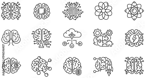 Black and white line icons set illustrating artificial intelligence, machine learning, neuroscience, innovation, cognitive science, and technological brain concepts