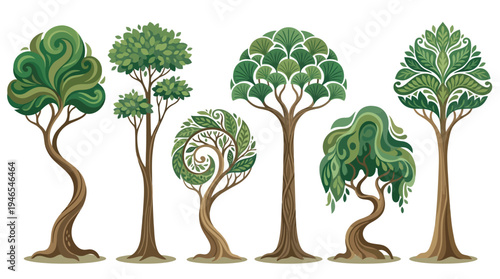 Collection of diverse stylized trees with intricate green foliage and unique artistic shapes, showcasing a variety of natural beauty and decorative botanical designs