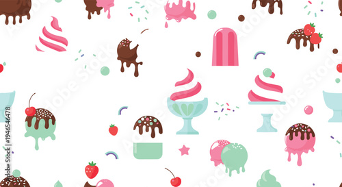 Cute ice cream dessert seamless pattern with sundae popsicle chocolate drip strawberry sprinkles sweet summer food background illustration