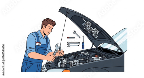 Mechanic Working on Car Engine.