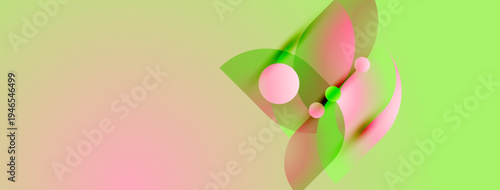Abstract composition features translucent shapes, pinks, greens. Gradient background transitions from peach to lime. Minimalist design, soft colors.